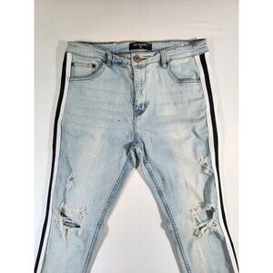 Serenede Mens Light Distressed Jeans 36x32 Skinny White/Black Stripe Ripped Logo